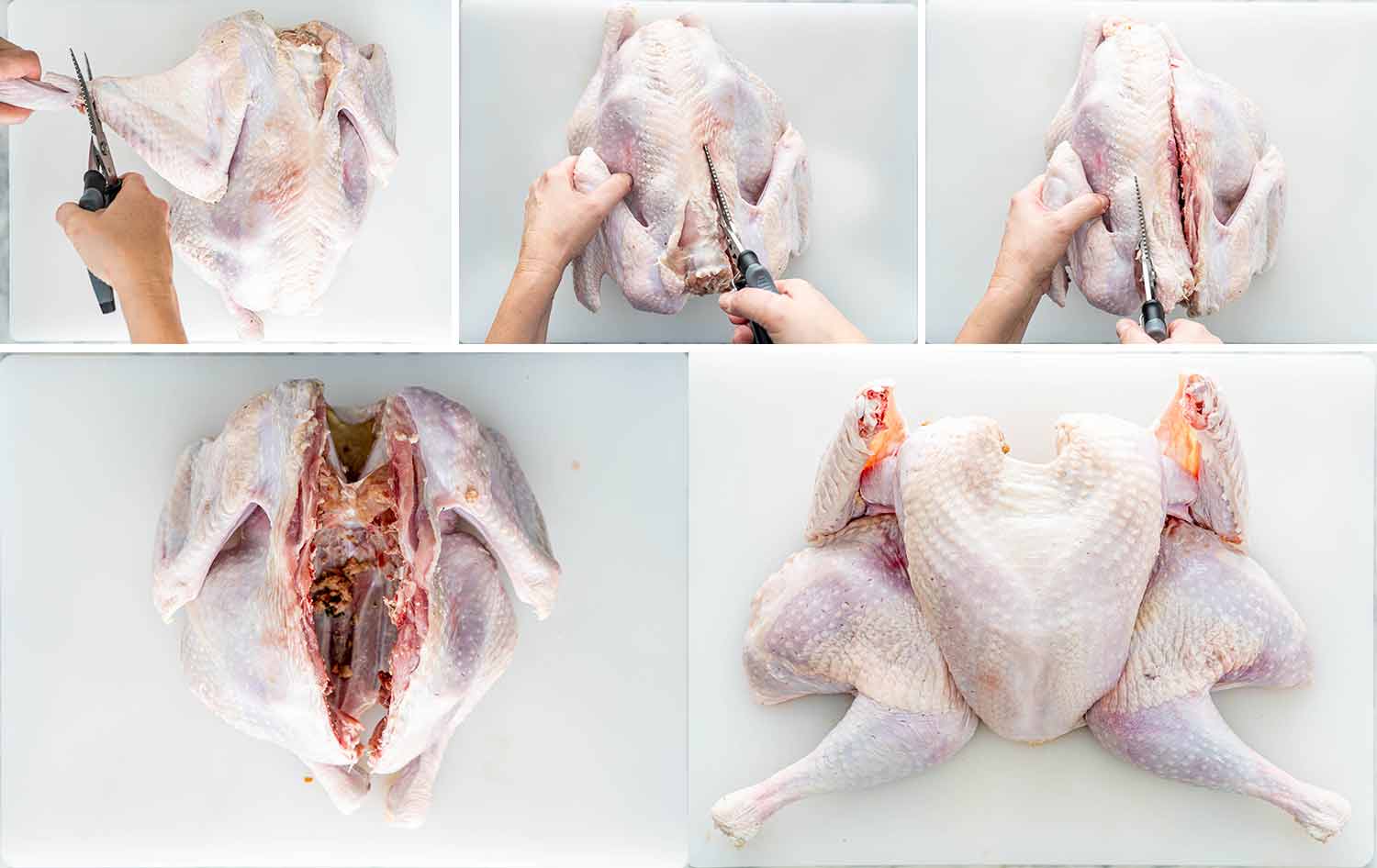 process shots showing how to spatchcock a turkey.