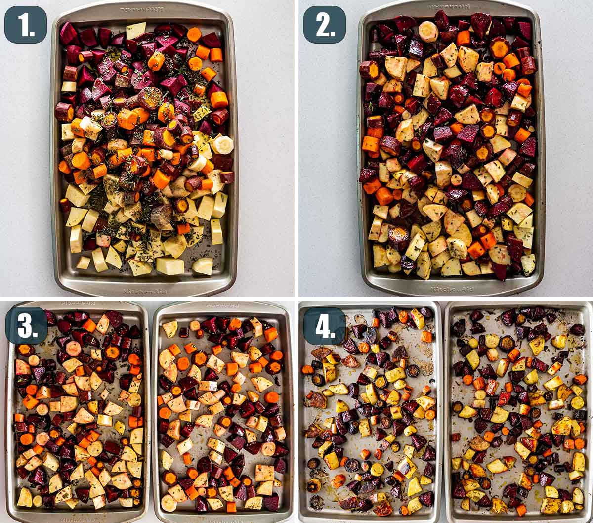 process shots showing how to make roasted root vegetables.