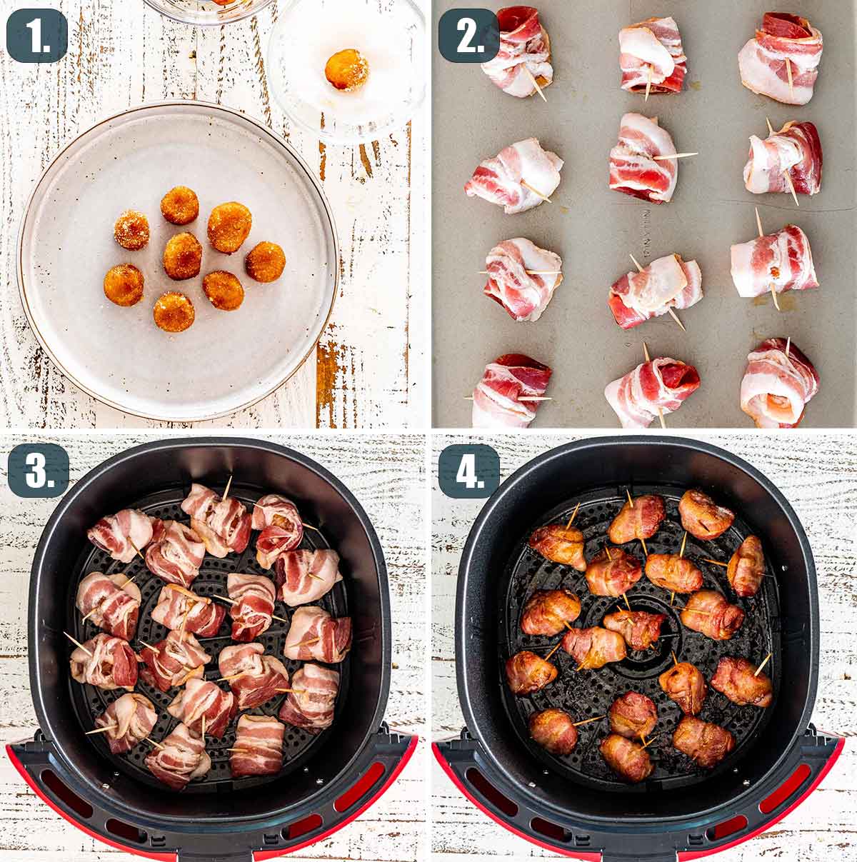 detailed process shots showing how to make bacon wrapped water chestnuts in the air fryer.