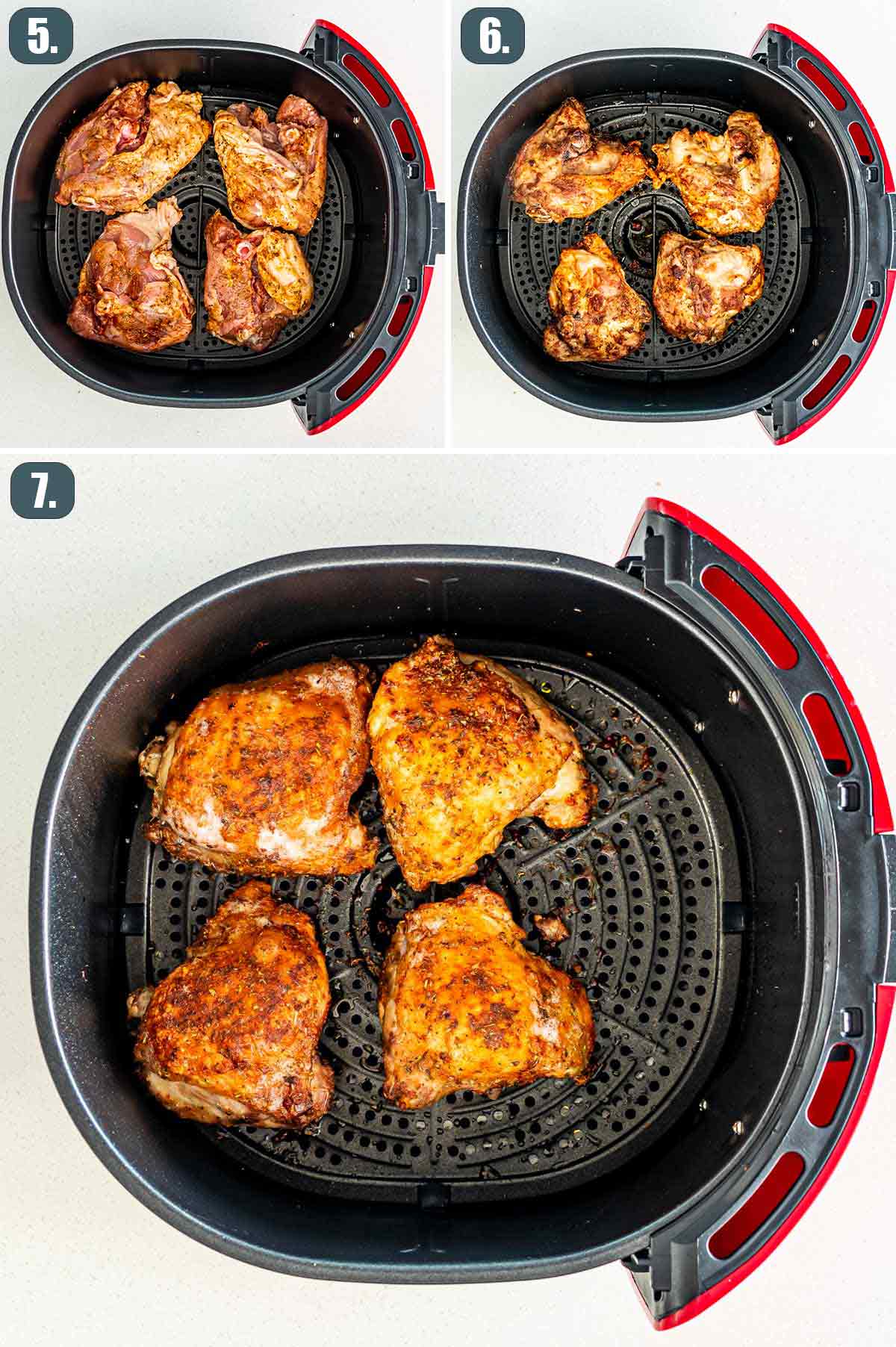 process shots showing how to air fry chicken thighs.