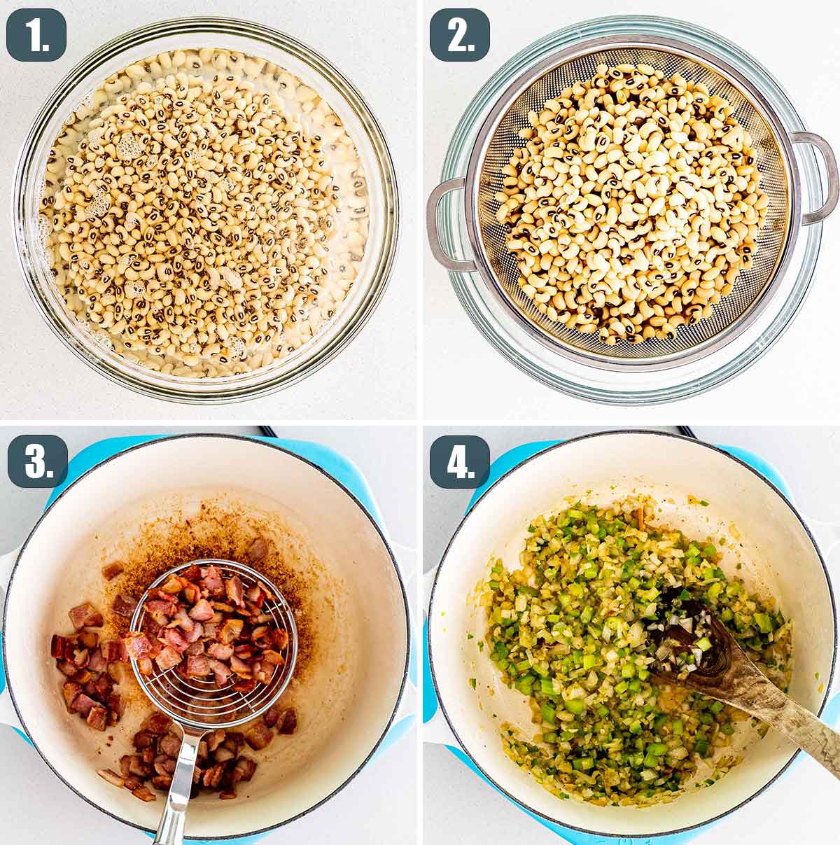 process shots showing how to prep for making black eyed peas.