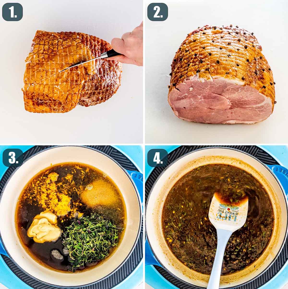 process shots showing how to score ham and make glaze.
