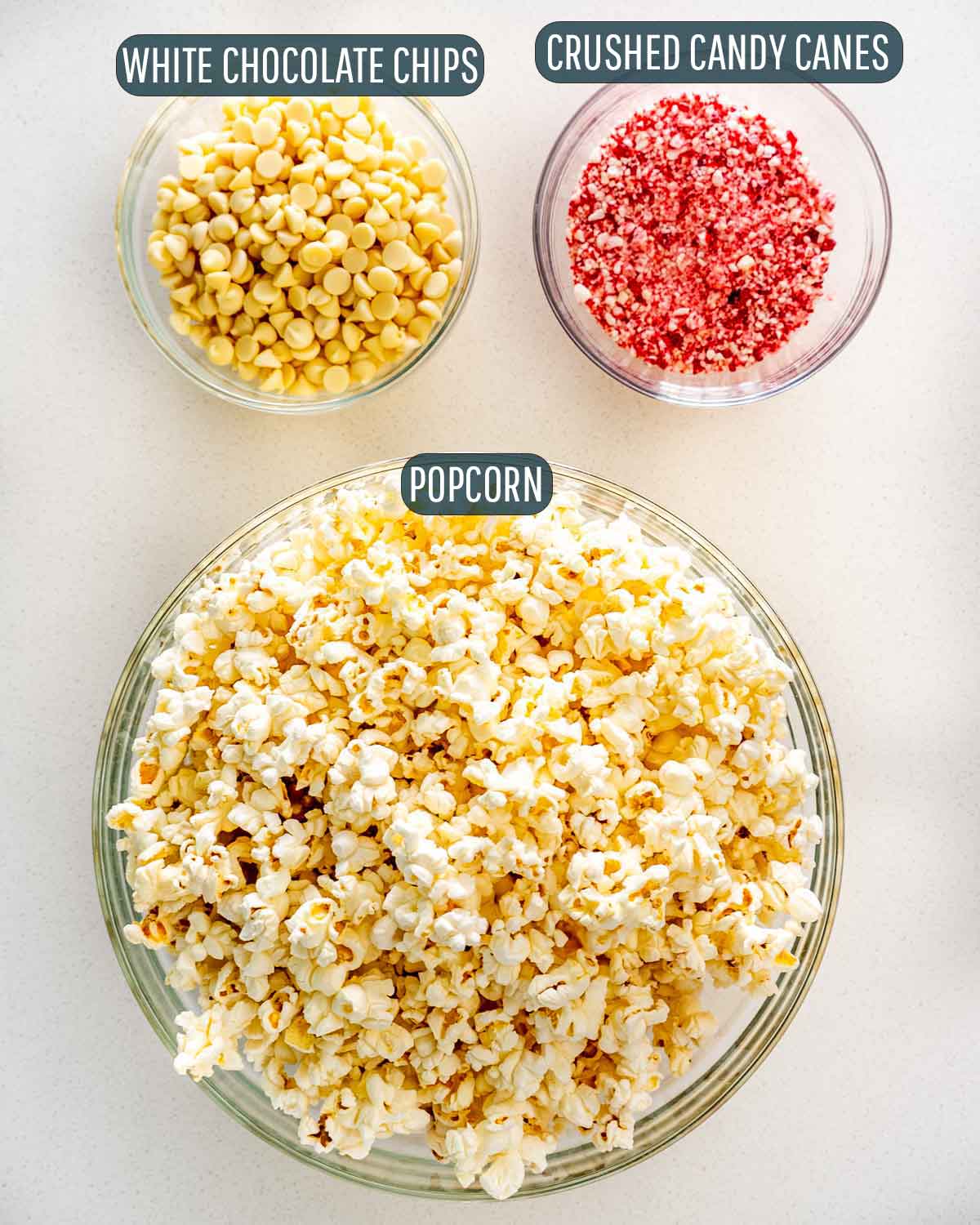 overhead shot of ingredients needed to make candy cane popcorn.