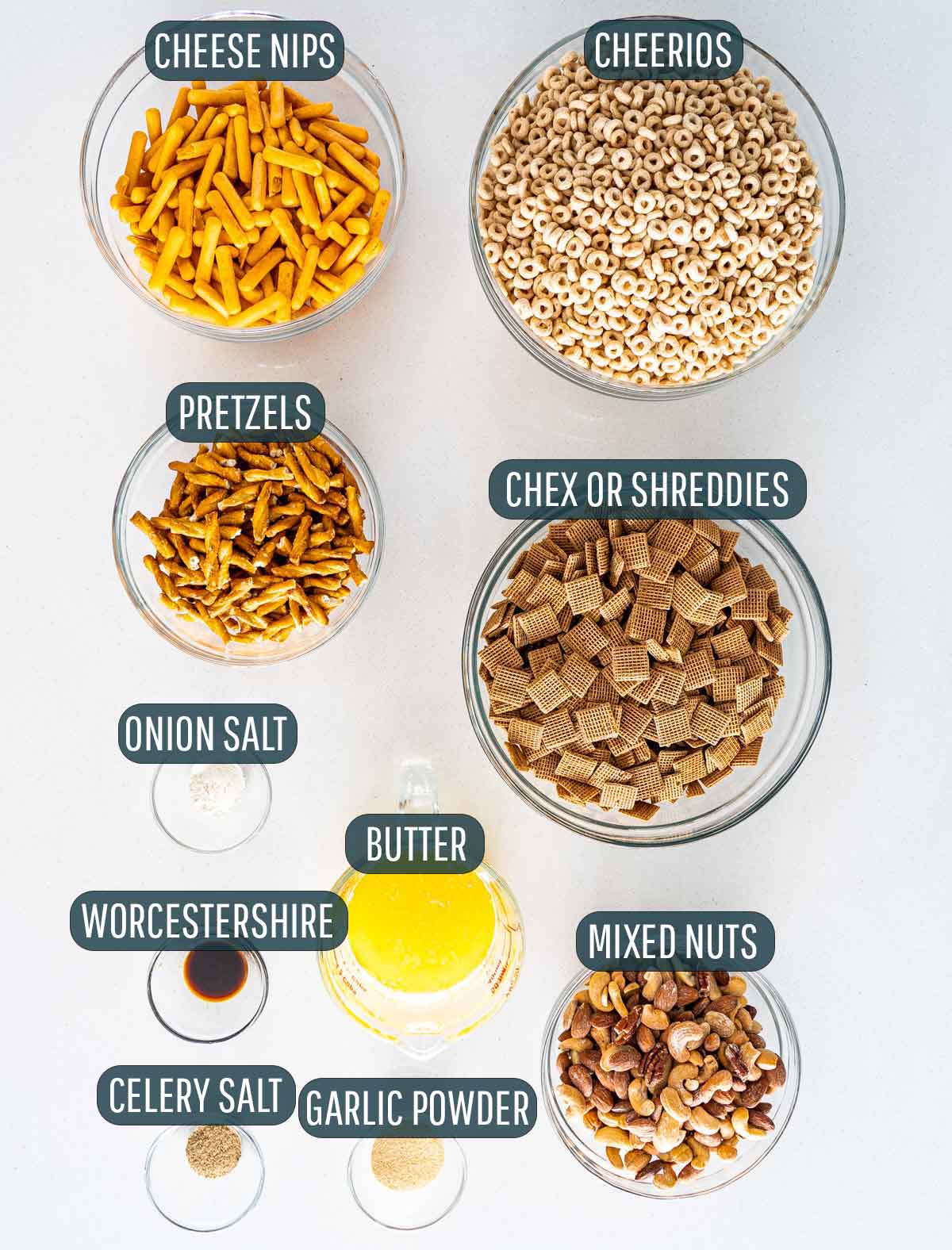 overhead shot of ingredients needed to make nuts and bolts (chex mix).