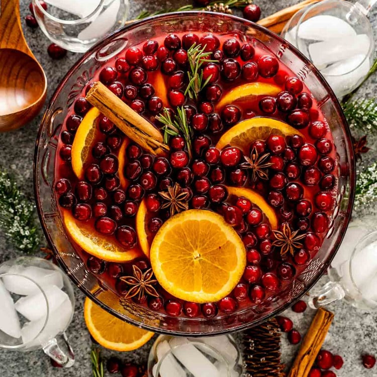 beautiful christmas punch in a punch bowl.