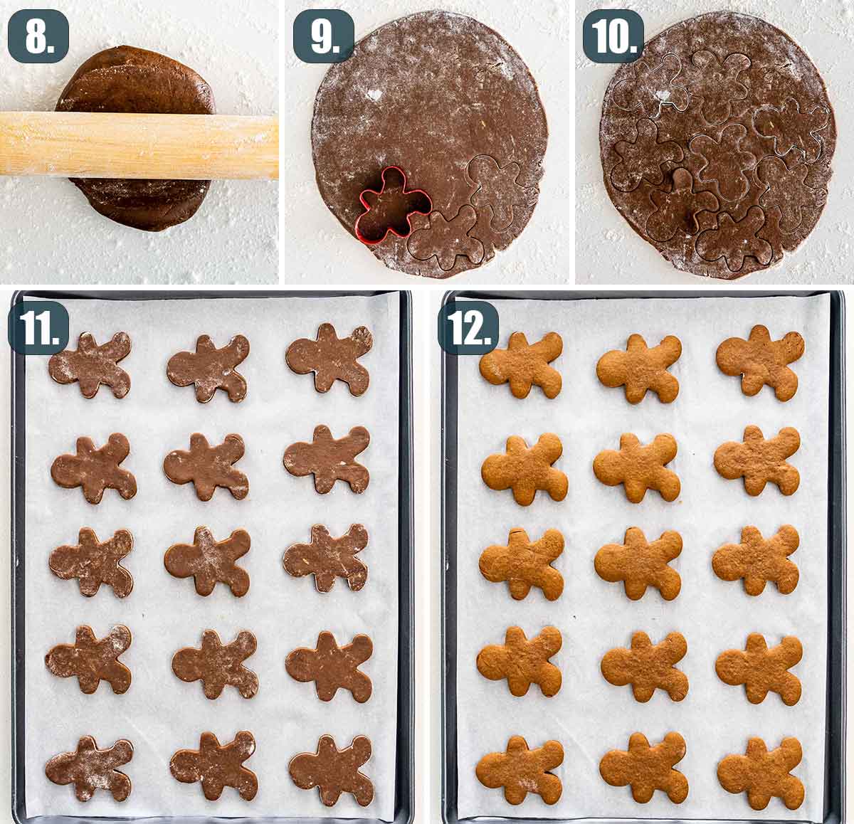 detailed process shots showing how to cut gingerbread cookies and bake them.