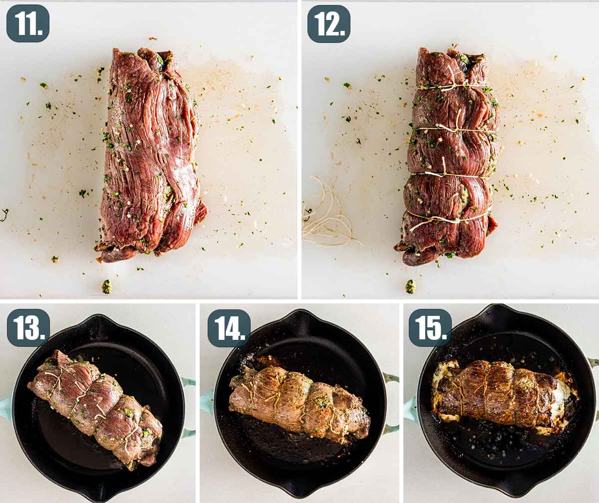 process shots showing how to cook stuffed flank steak.