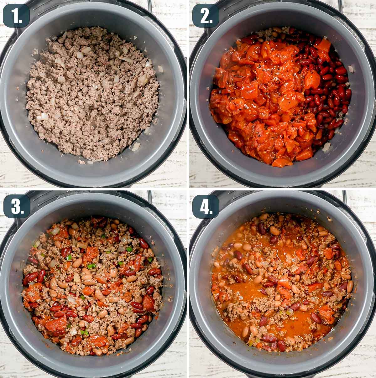 detailed process shots showing how to make chili in the instant pot.