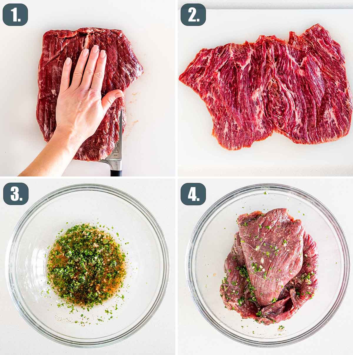 process shots showing how to butterfly a flank steak and how to marinate it.