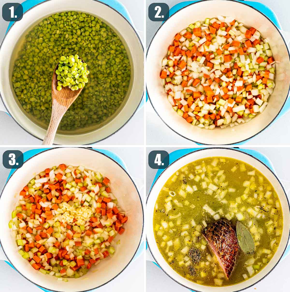 process shots showing how to make split pea soup.