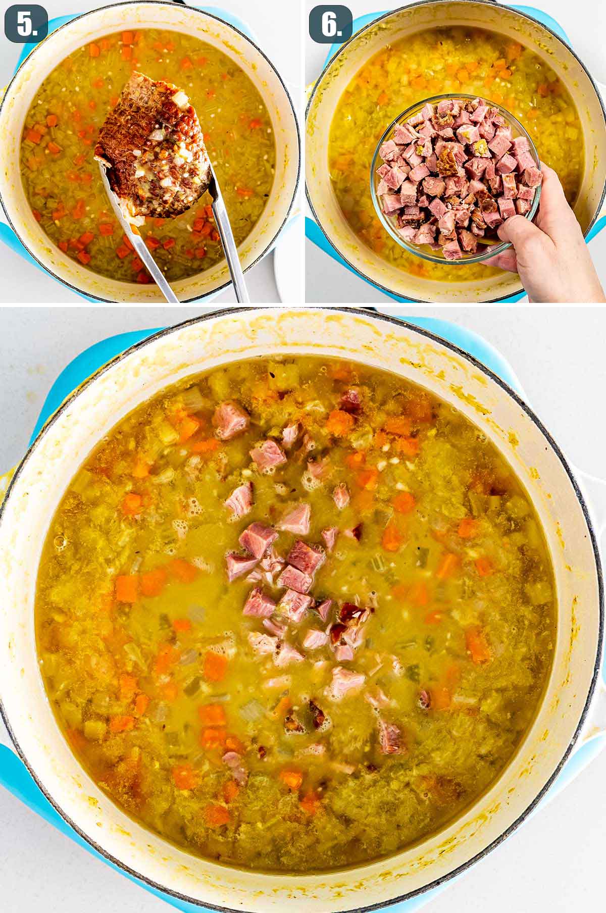 process shots showing how to finish making split pea soup.