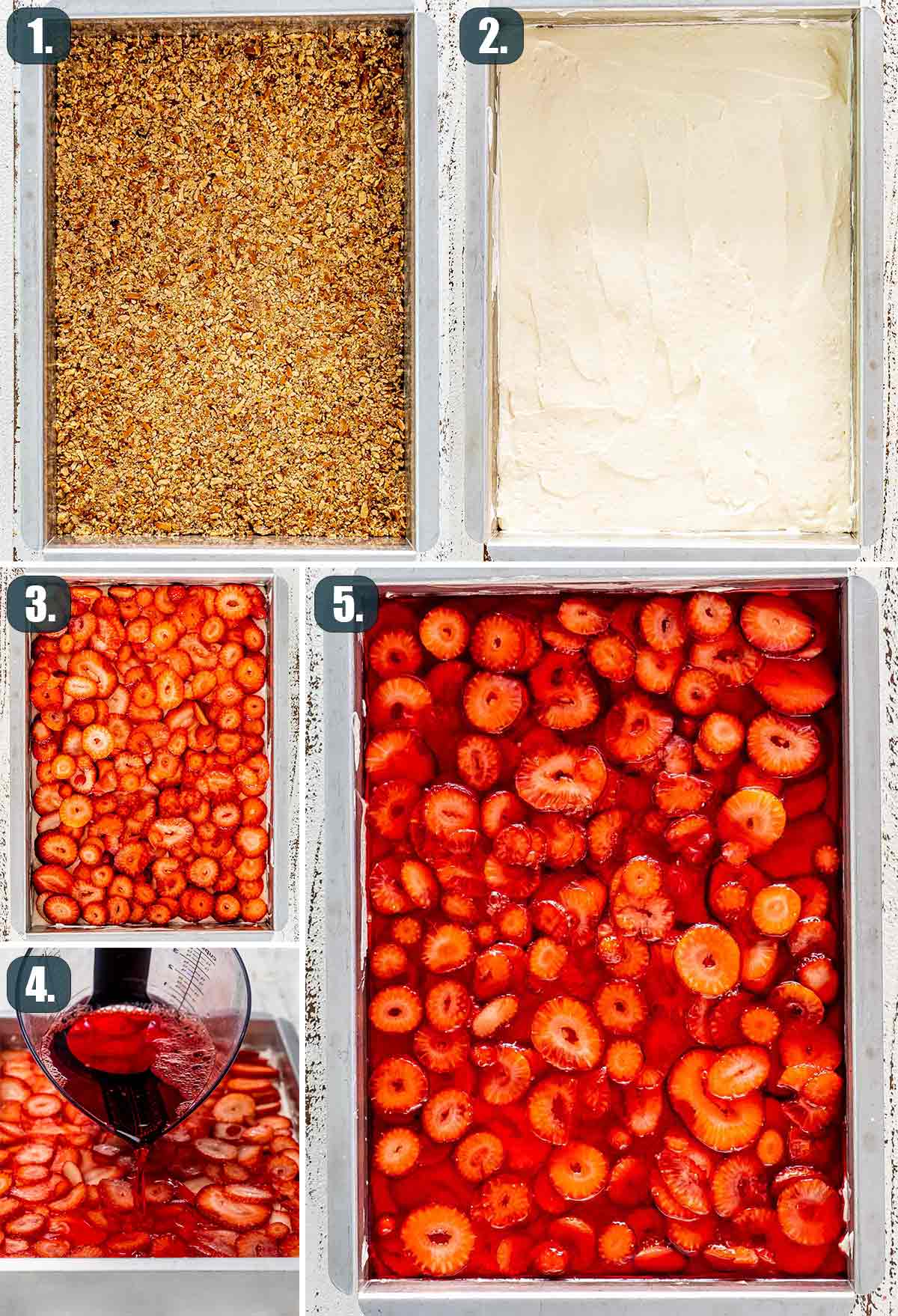 detailed process shots showing how to assemble strawberry pretzel salad.
