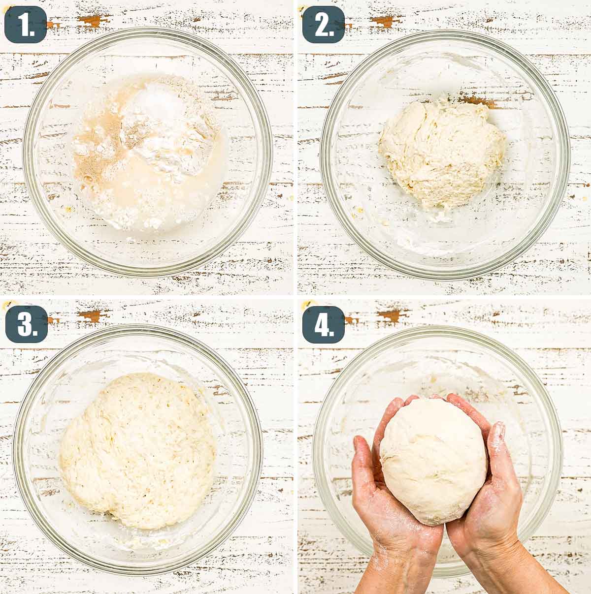 process shots showing how to make dough for no knead bread.