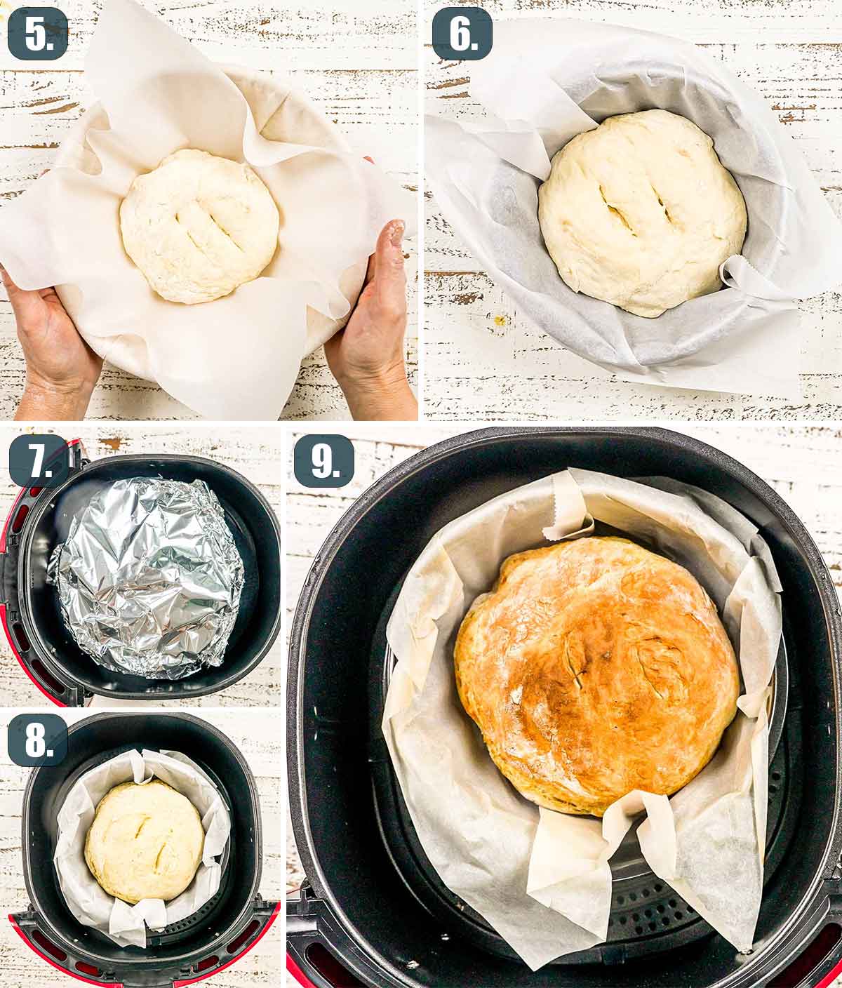 process shots showing how to cook no knead bread in air fryer.