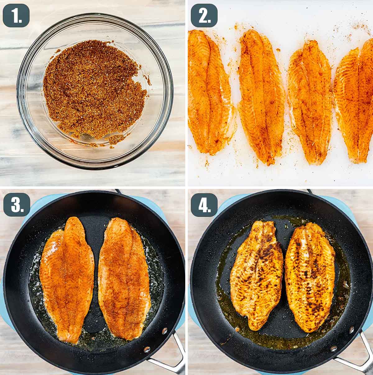 detailed process shots showing how to make blackened fish.