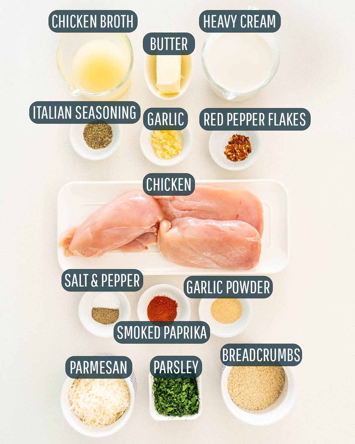 overhead shot of ingredients needed to make creamy parmesan chicken.