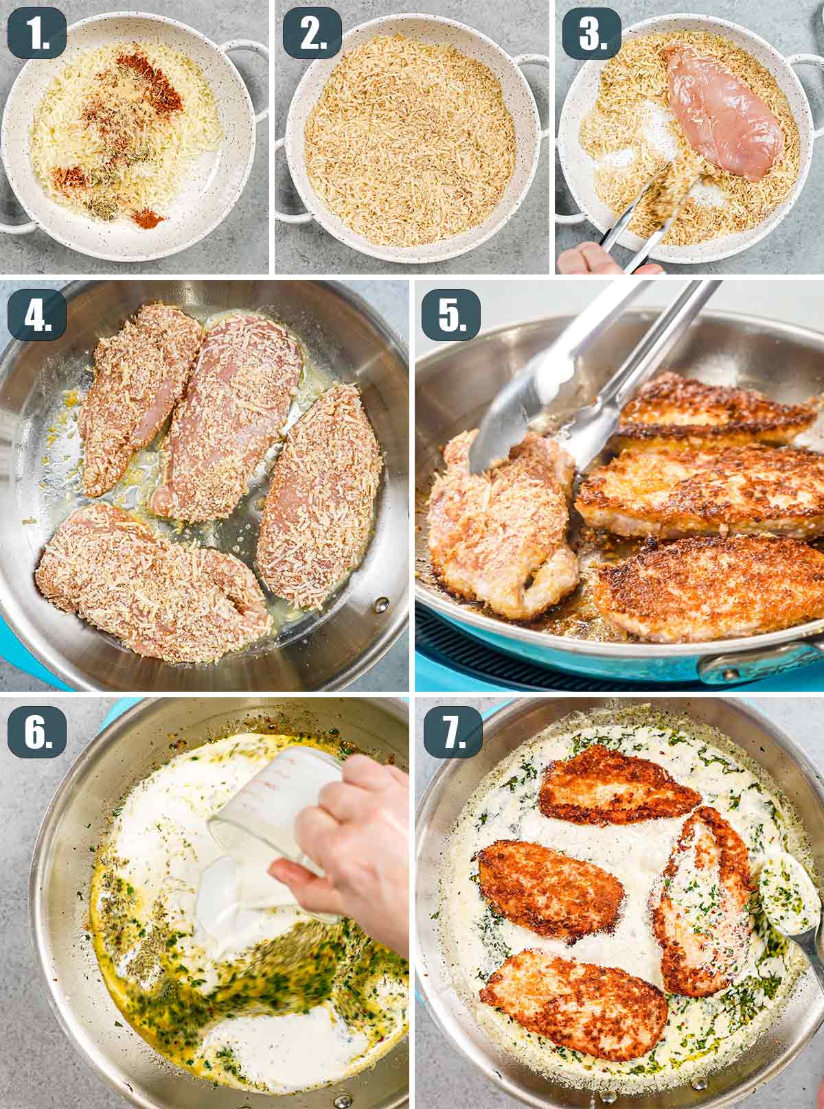 detailed process shots showing how to make creamy parmesan chicken.