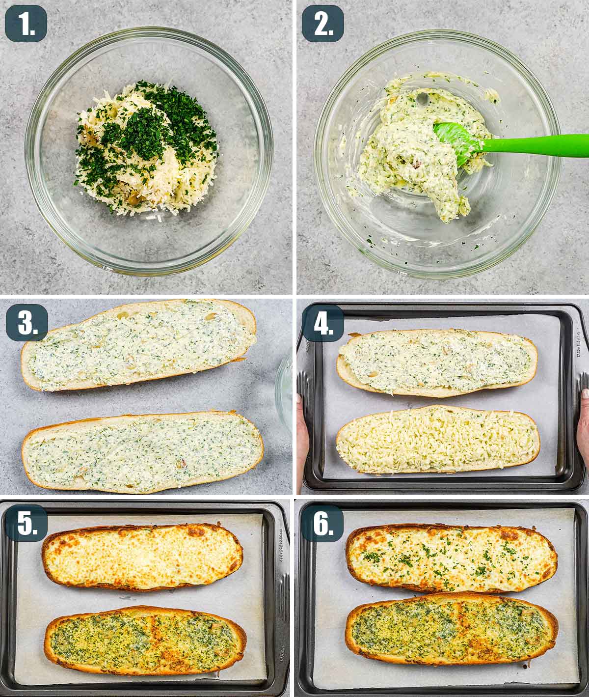 detailed process shots showing how to make garlic bread.