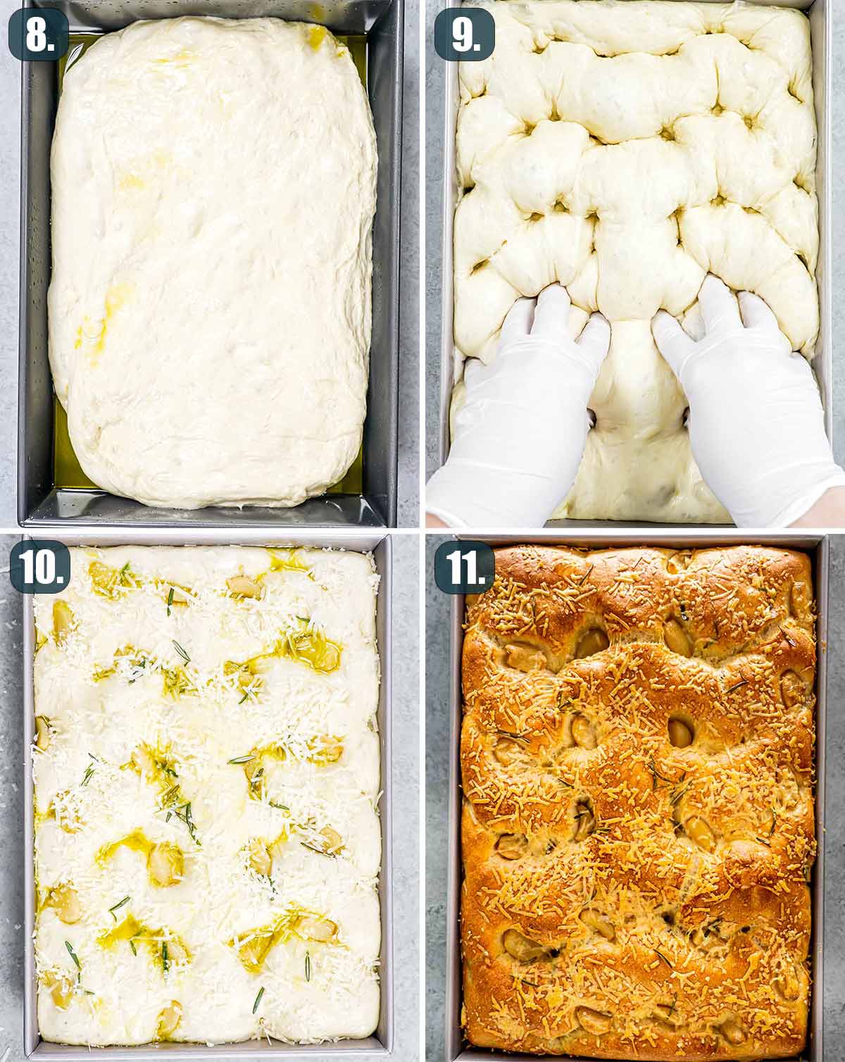 process shots showing how to prep dough for making focaccia.