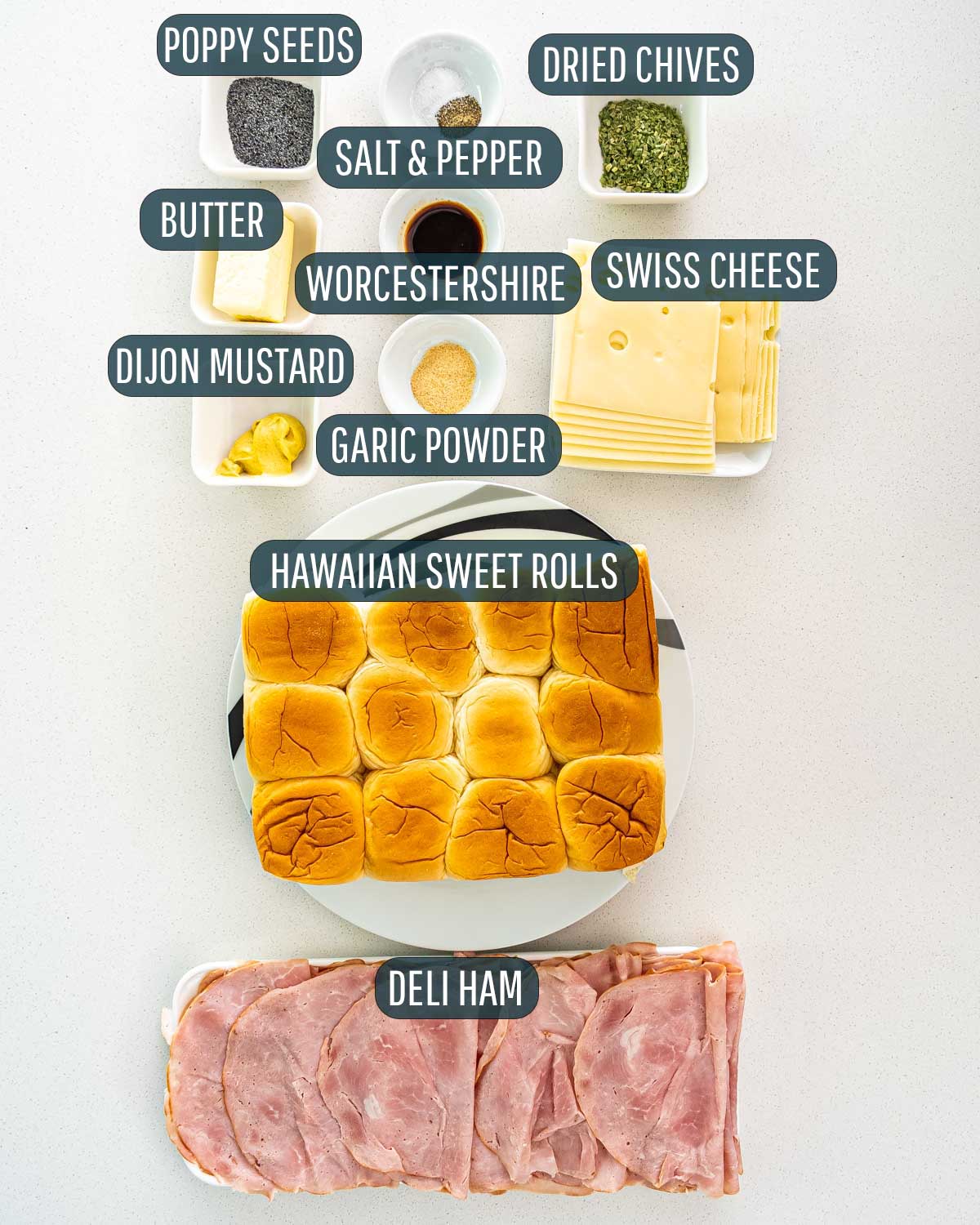 overhead shot of ingredients needed to make ham and cheese sliders.
