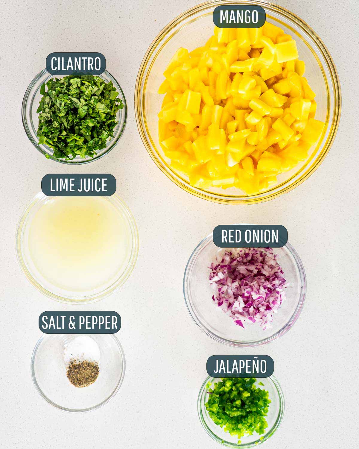 overhead shot of ingredients needed to make mango salsa.
