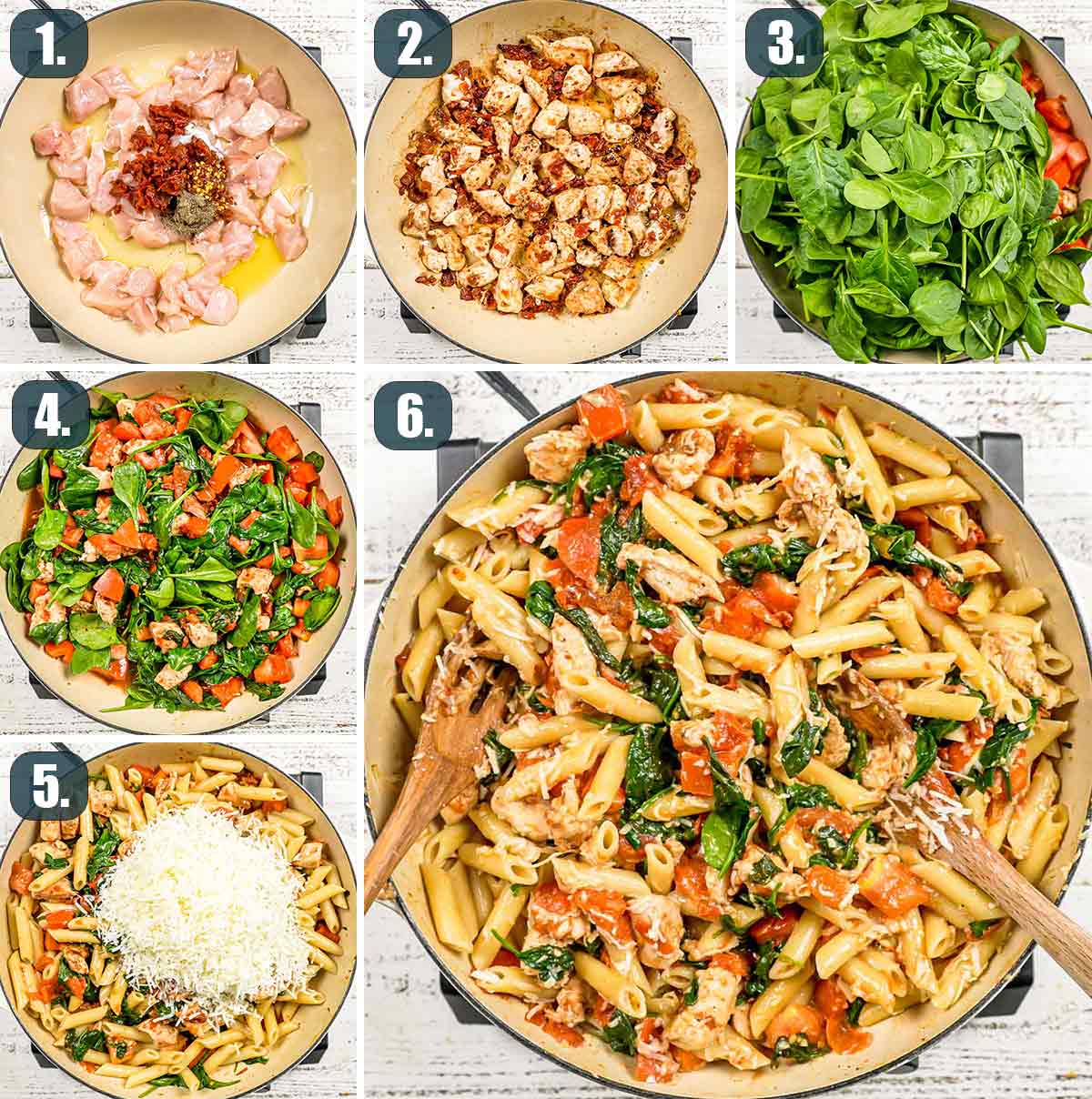 detailed process shots showing how to make tomato spinach chicken pasta.