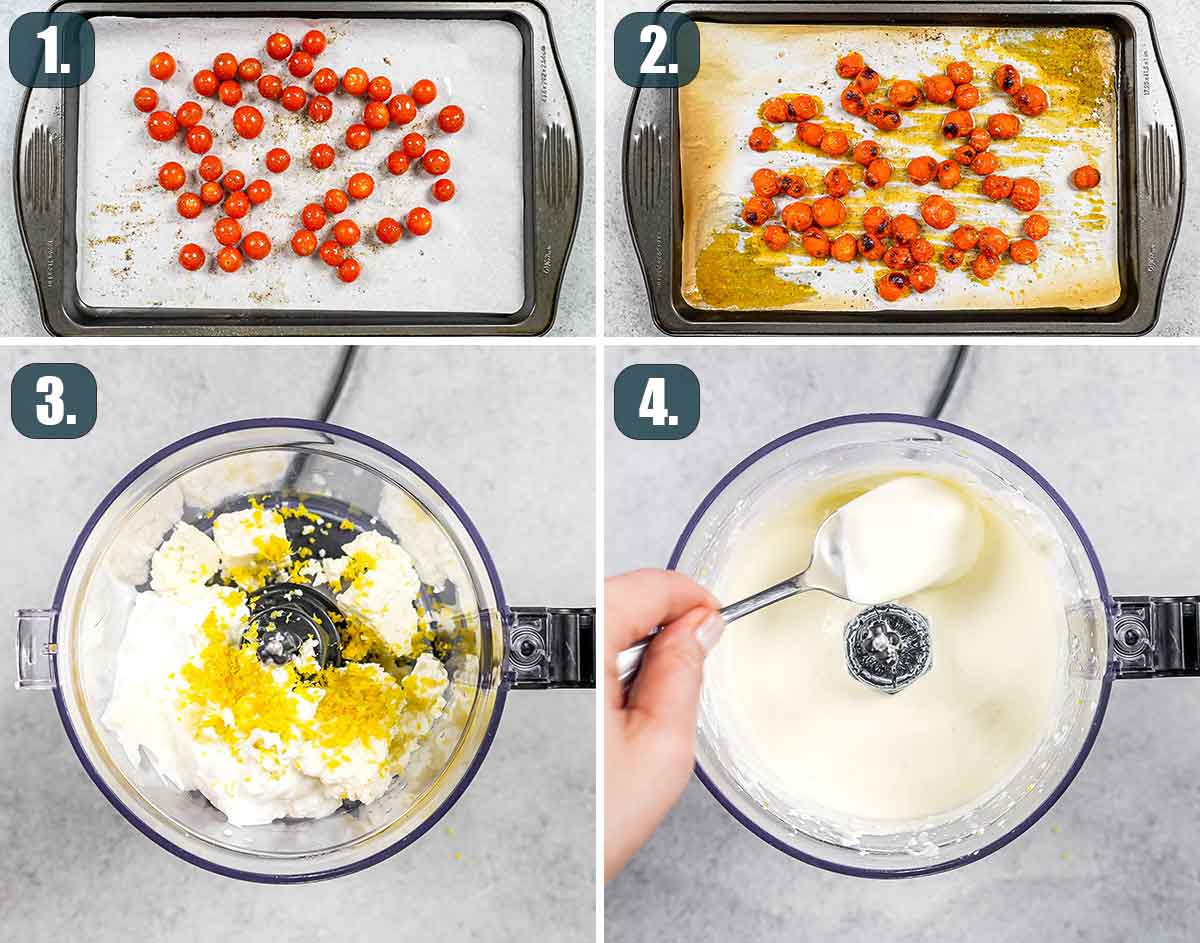 process shots showing how to make whipped feta dip with roasted tomatoes.