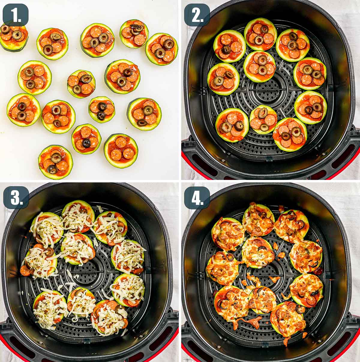 process shots showing how to make zucchini pizza bites in the air fryer.
