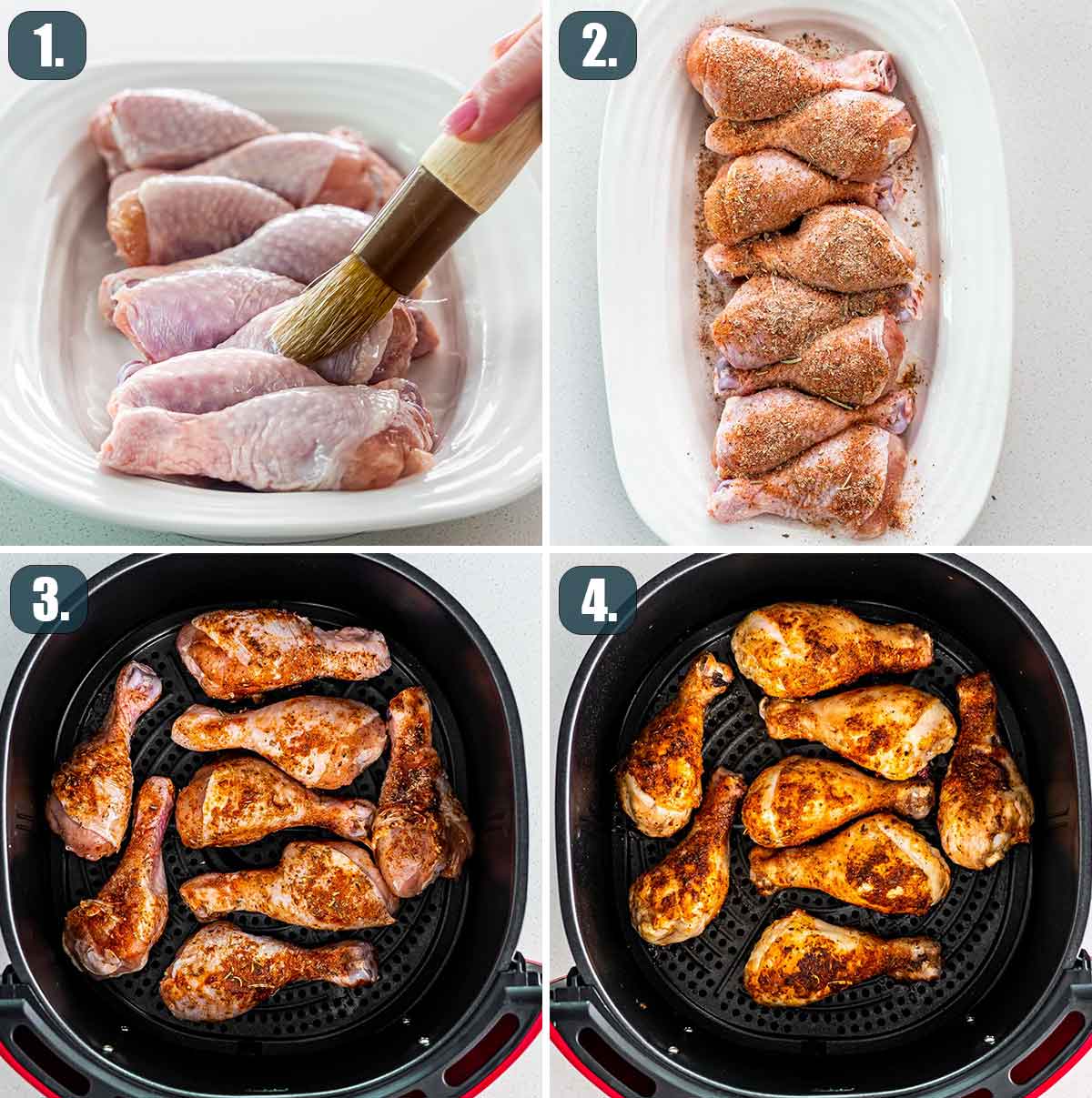 process shots showing how to make chicken drumsticks in the air fryer.