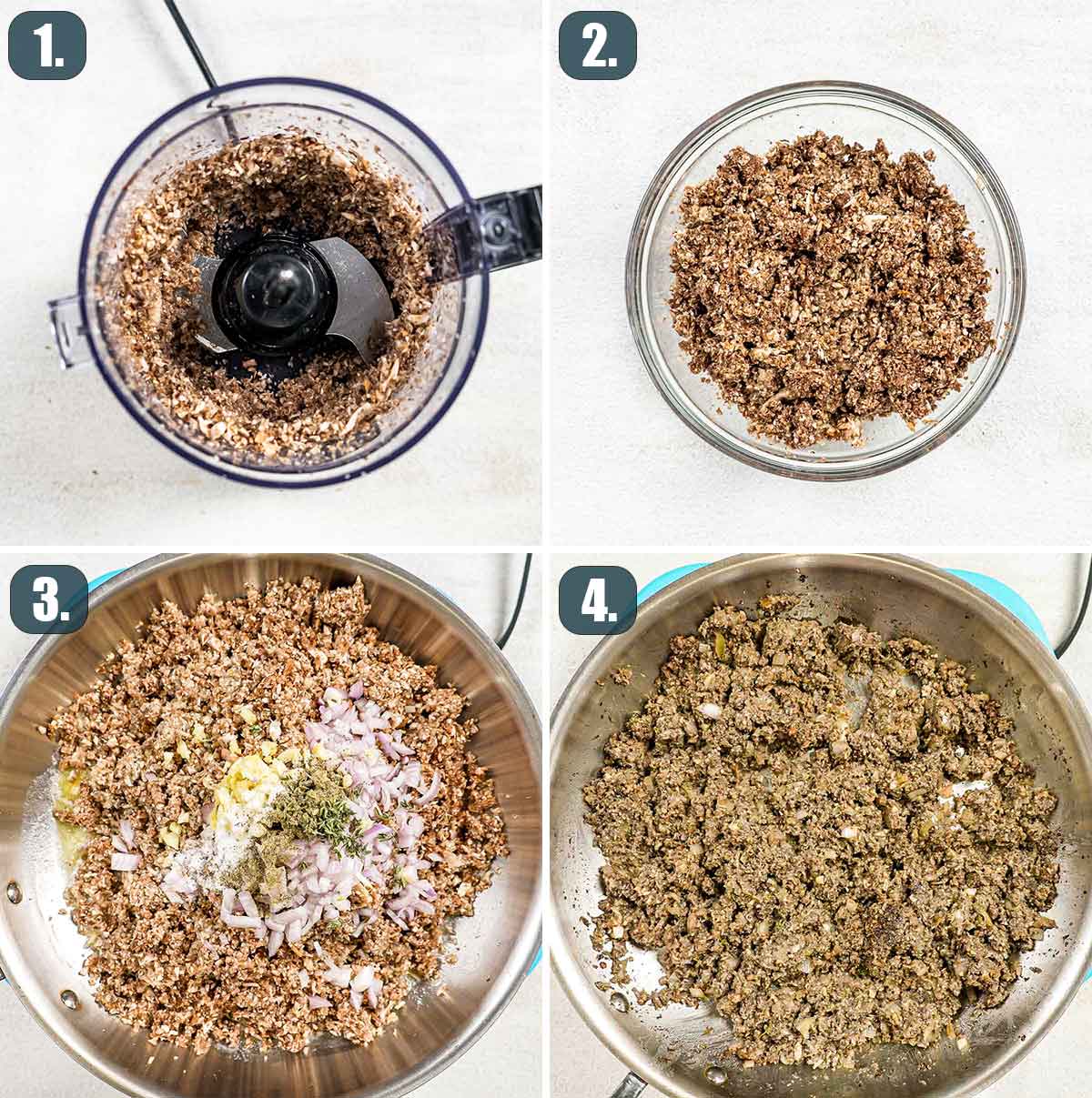 process shots showing how to make duxelles.
