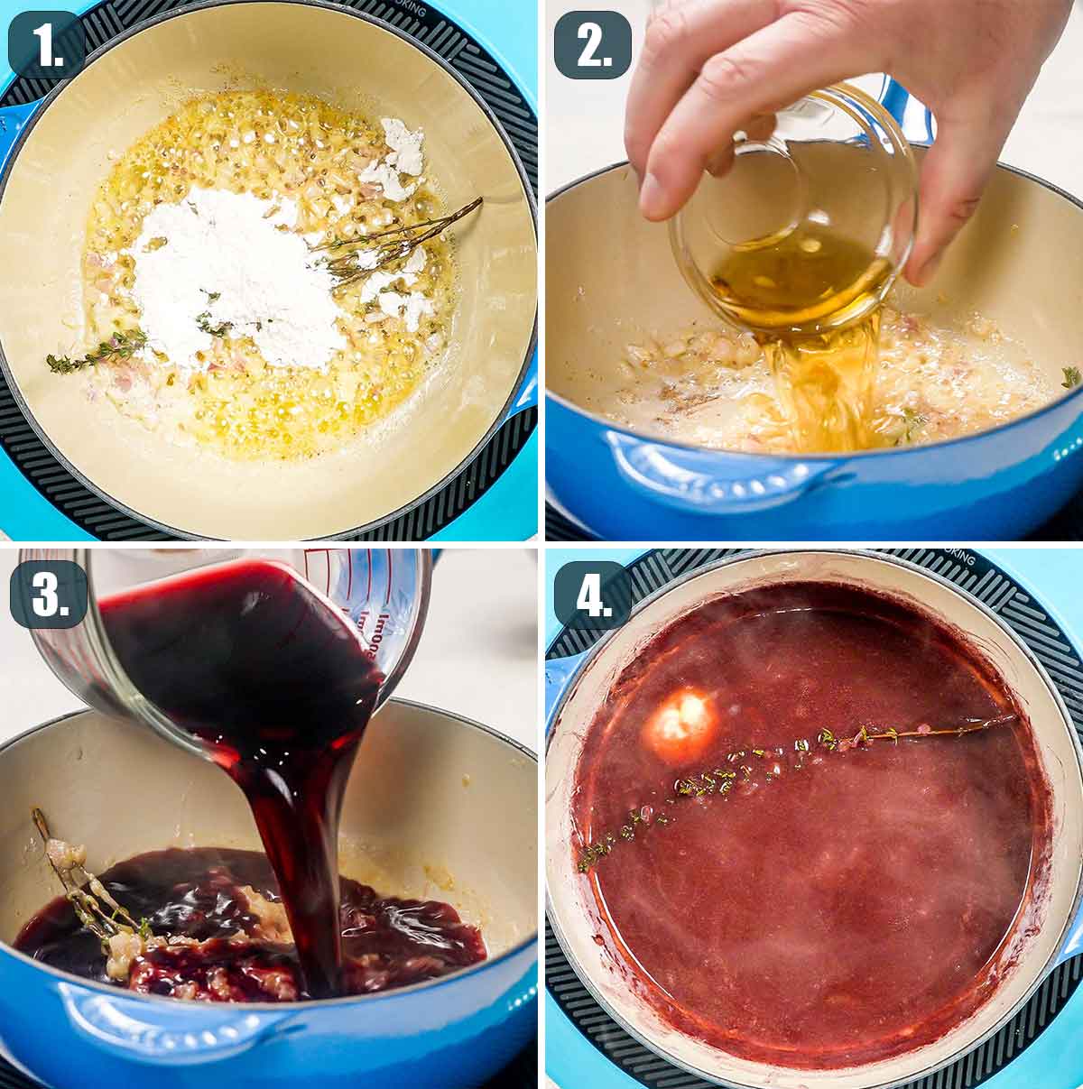 process shots showing how to make red wine sauce.
