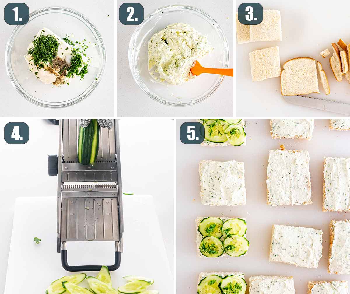 detailed process shots showing how to make cucumber sandwiches.