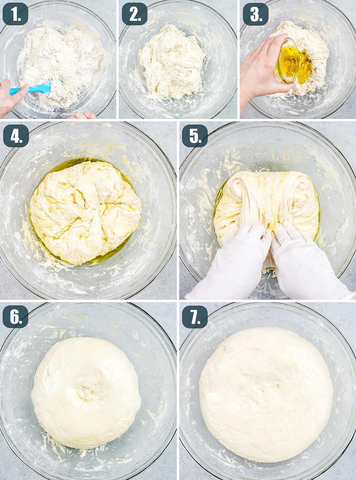 process shots showing how to make dough for focaccia.