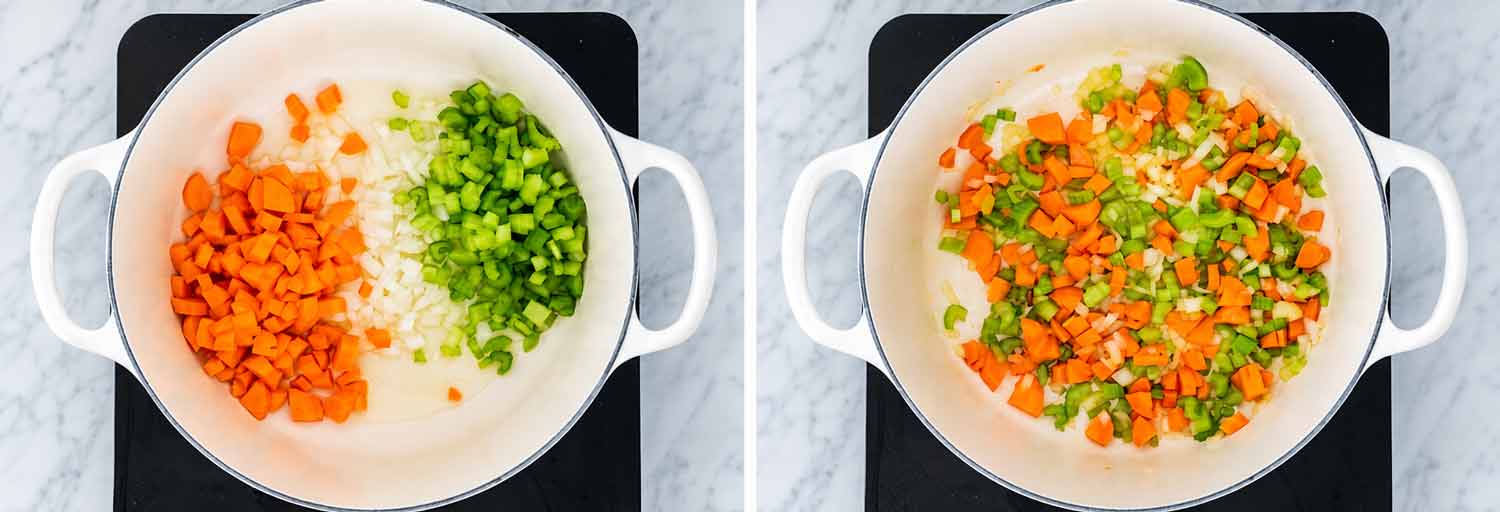 Chopped carrots, celery and onion in a white Dutch oven before and after sautéing for the minestrone soup base.