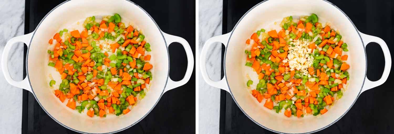 Sautéed carrots, celery and onion in a white Dutch oven, followed by minced garlic added to the softened vegetables.
