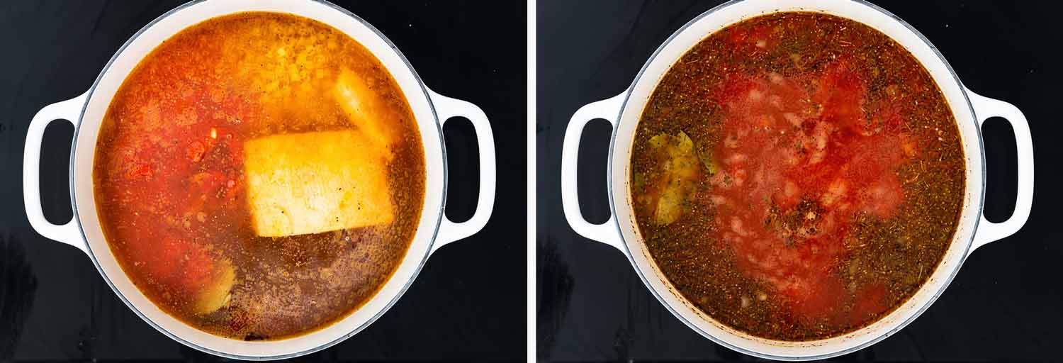 Two overhead photos of minestrone soup being assembled with broth, tomatoes, seasonings, bay leaves and a Parmesan rind.