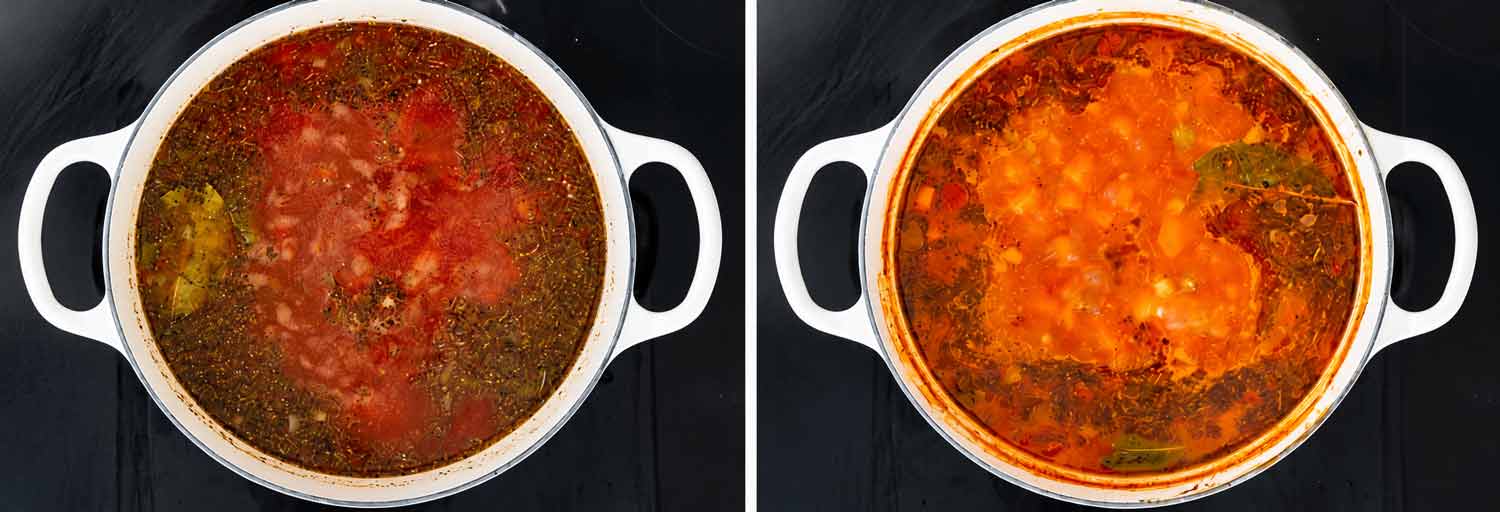 Two overhead photos showing minestrone soup before and during simmering, with tomatoes, herbs and bay leaves in broth.
