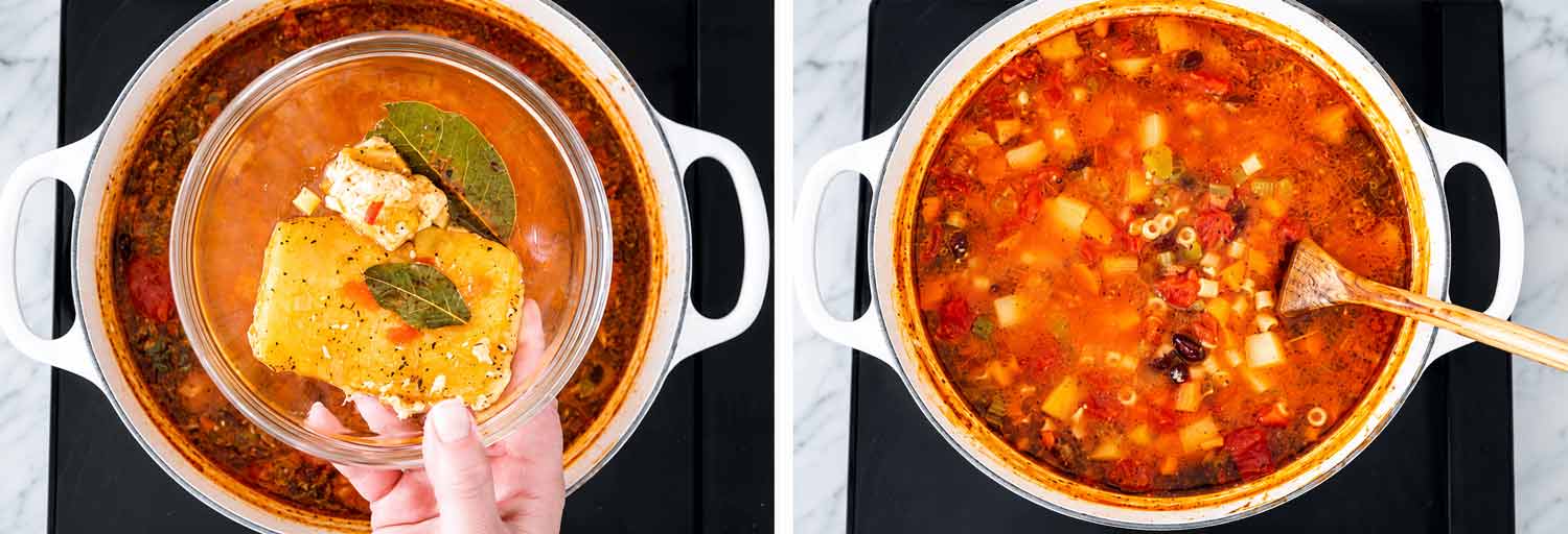 Removed bay leaves and Parmesan rind in a glass bowl beside finished minestrone soup with a wooden spoon.