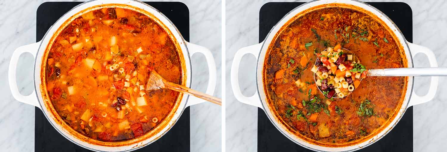 6.jpg Finished minestrone soup in a white Dutch oven beside a ladleful of pasta, kidney beans, potatoes and vegetables.