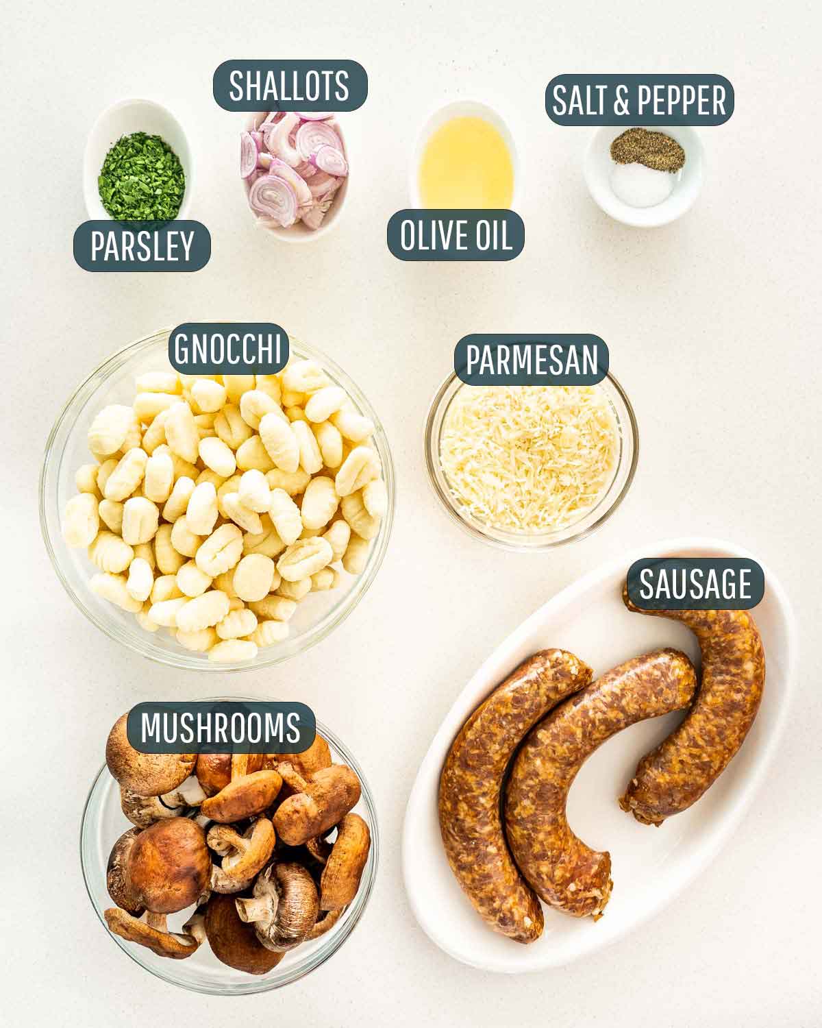 overhead shot of ingredients needed to make mushroom sausage gnocchi.
