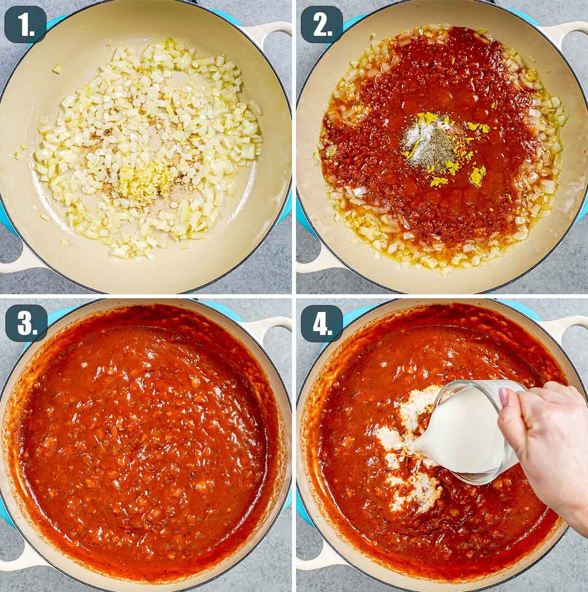 process shots showing how to make sauce for rigatoni fiorentina.
