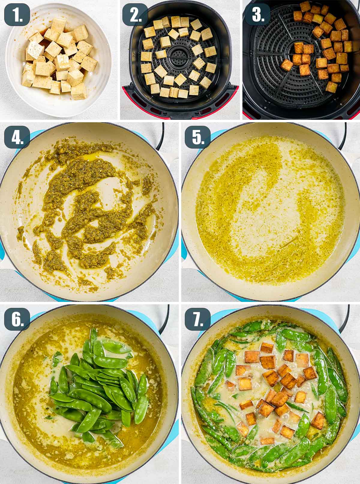 detailed process shots showing how to make thai inspired green curry tofu.