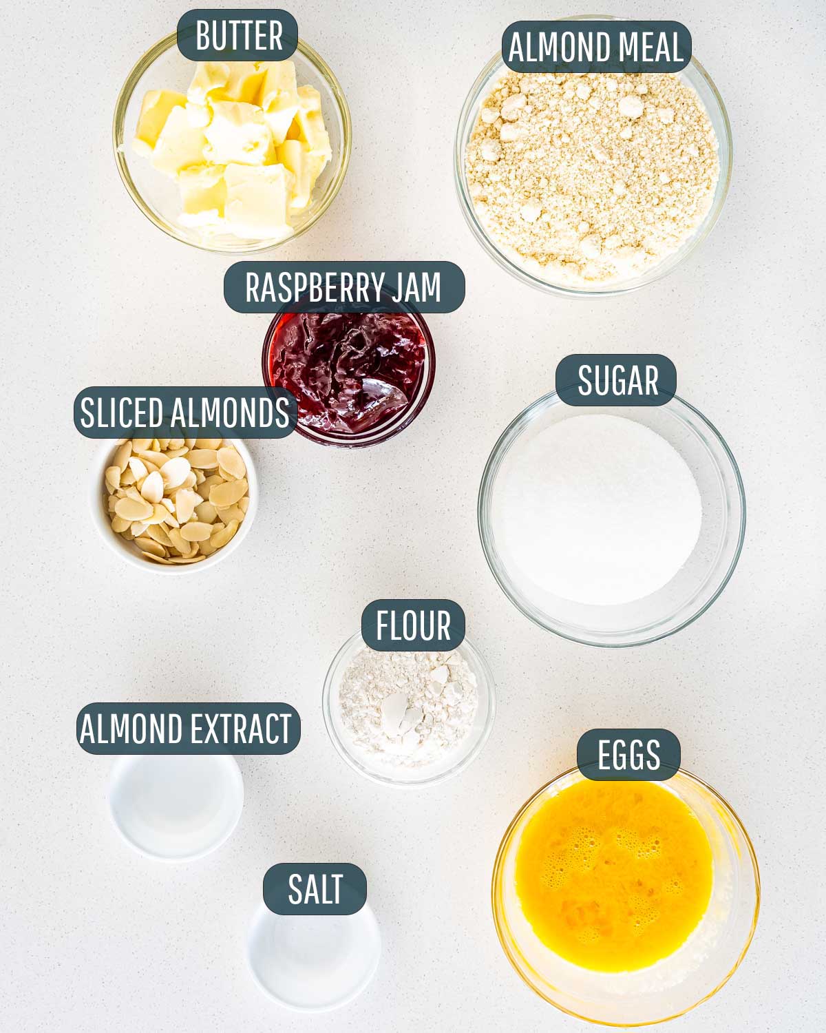 overhead shot of ingredients needed to make filling for bakewell tart.