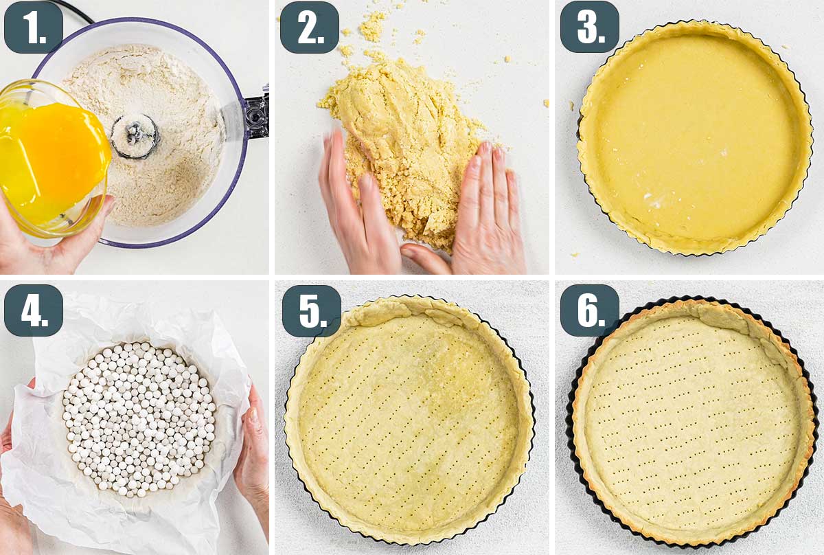 process shots showing how to make crust for bakewell tart.
