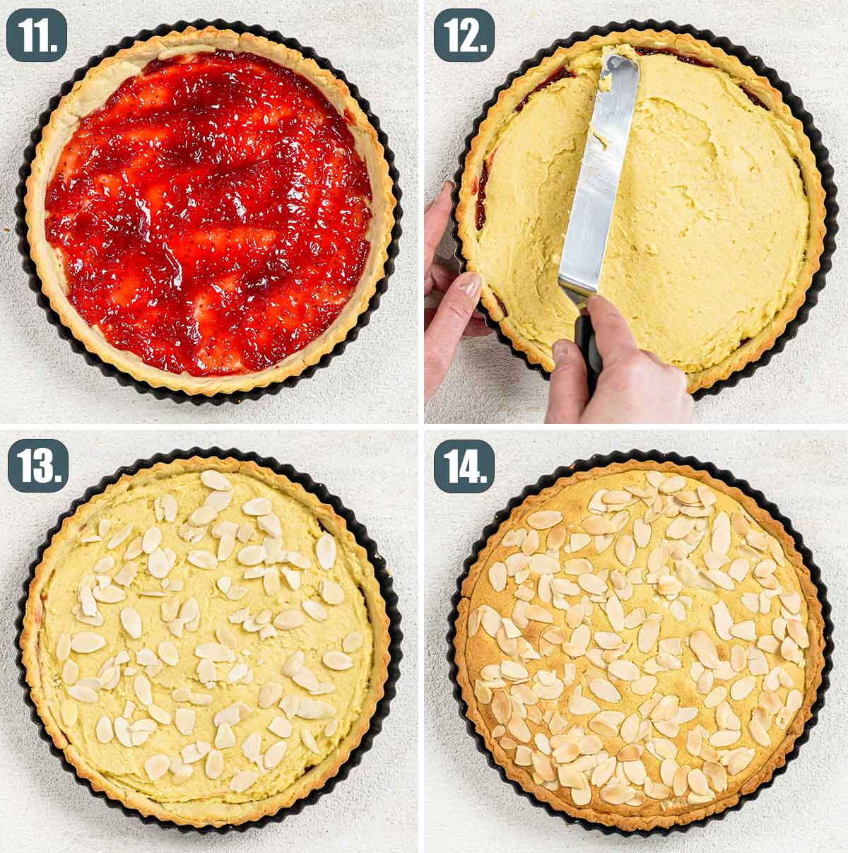 process shots showing how to assemble bakewell tart.