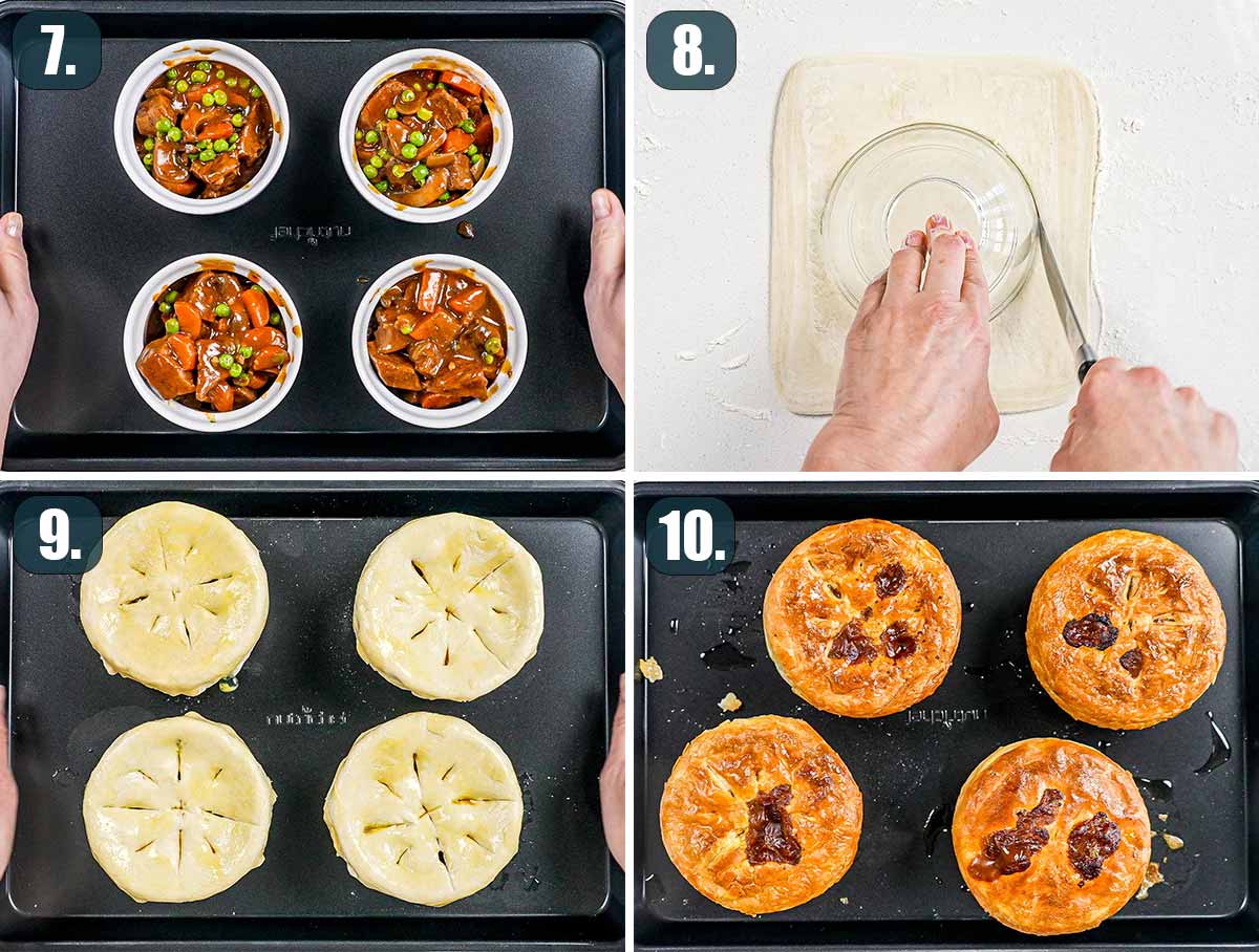 process shots showing how to prep beef pot pies for baking.