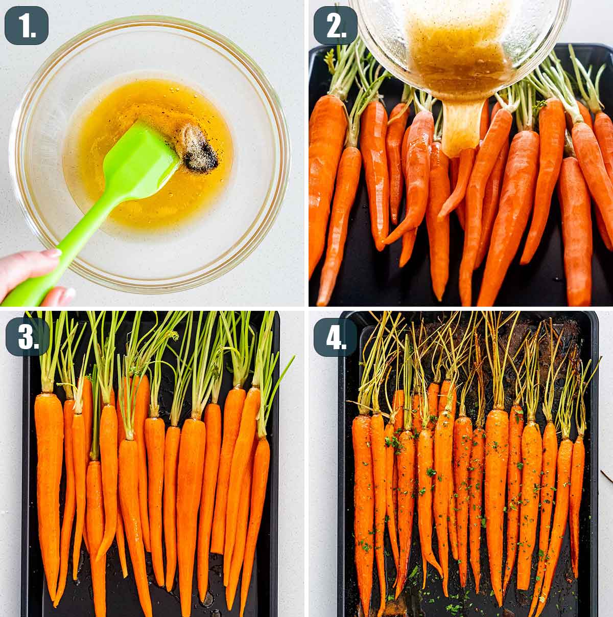 detailed process shots showing how to make honey roasted carrots.