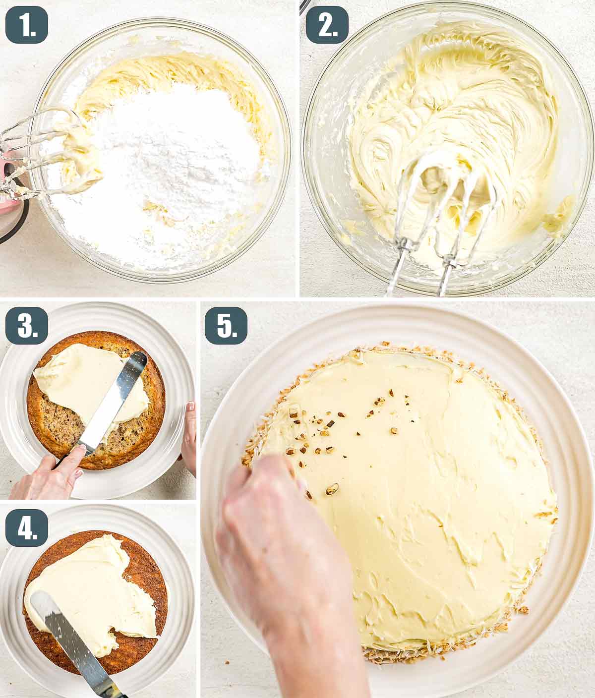 detailed process shots showing how to make cream cheese frosting.