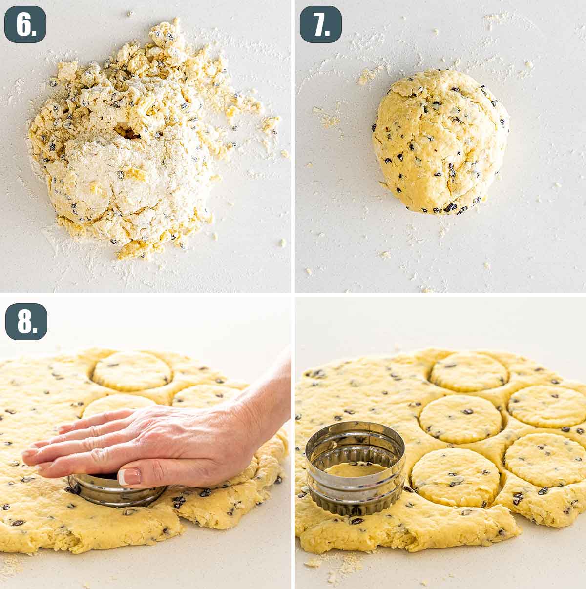 process shots showing how to knead and cut the dough for irish scones.