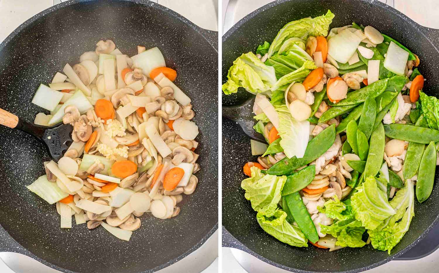 process shots showing how to make moo goo gai pan.